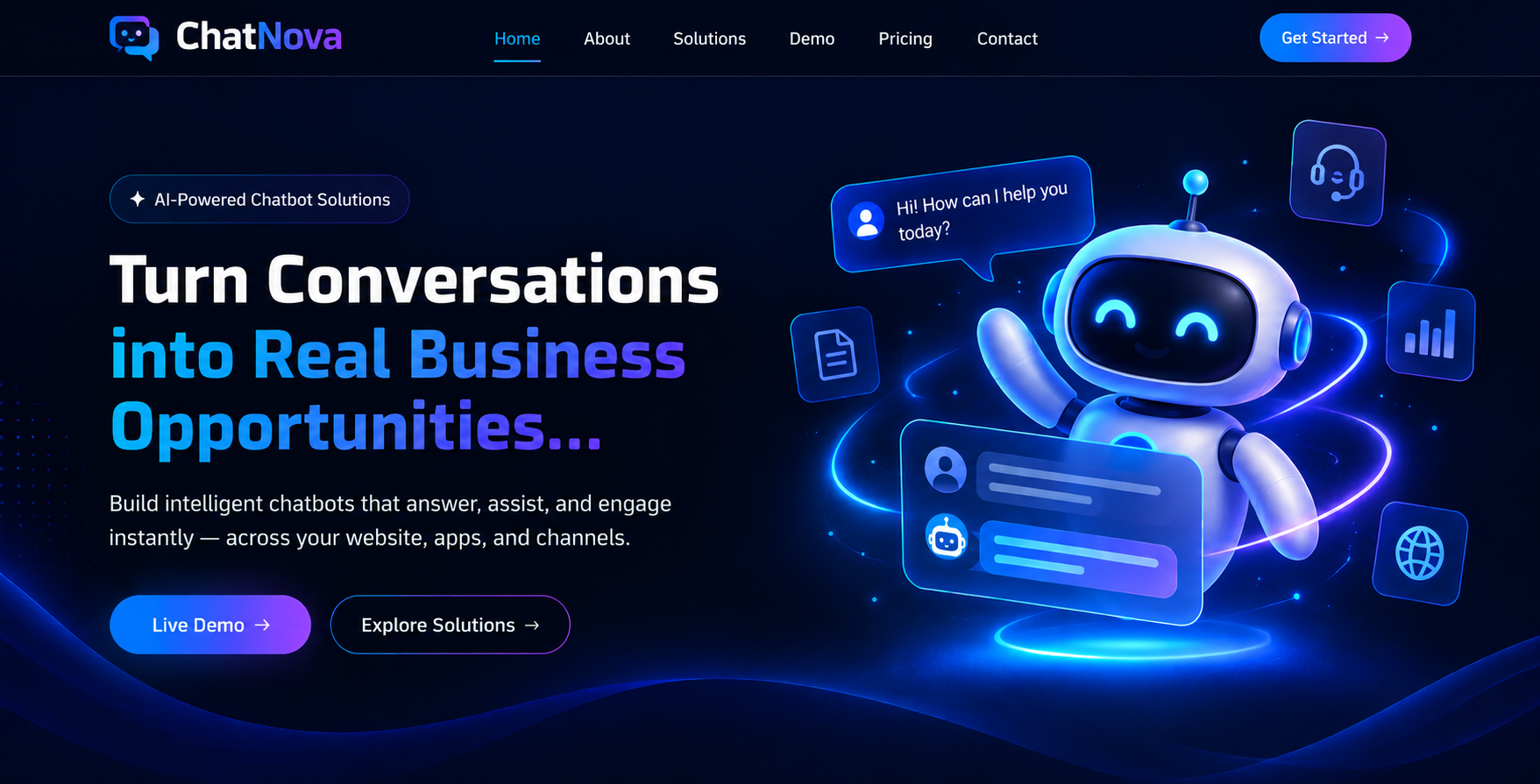 ChatNova AI chatbot interface and dashboard screenshot